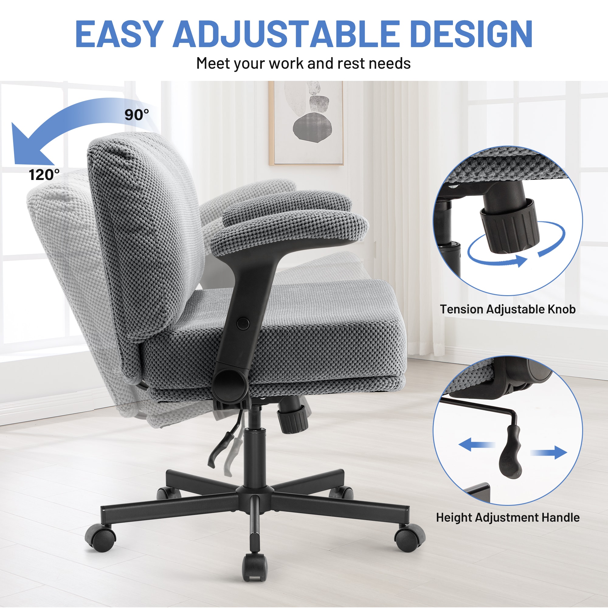 Criss Cross Chair With Wheels And Flip Arms- Comfy Fabric Cross Legged Office Chair With Thick Cushion&Wide Seat, Adjustable Swivel Desk Chair For Home Office, Apartment, Bedroom_voghion.com